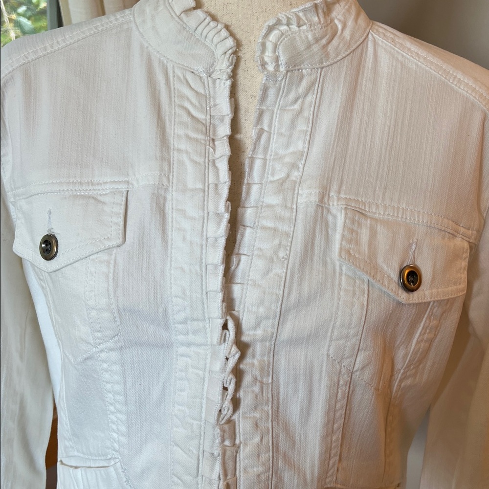 Chico’s Platinum White Ruffled Button-Up Jean Jacket - Picture 2 of 6